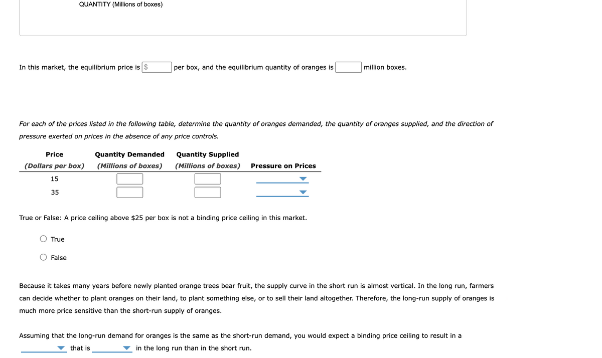 QUANTITY (Millions of boxes)
In this market, the equilibrium price is $
per box, and the equilibrium quantity of oranges is
million boxes.
For each of the prices listed in the following table, determine the quantity of oranges demanded, the quantity of oranges supplied, and the direction of
pressure exerted on prices in the absence of any price controls.
Price
Quantity Demanded
Quantity Supplied
(Dollars per box)
(Millions of boxes)
(Millions of boxes)
Pressure on Prices
15
35
True or False: A price ceiling above $25 per box is not a binding price ceiling in this market.
True
False
Because it takes many years before newly planted orange trees bear fruit, the supply curve in the short run is almost vertical. In the long run,
farmers
can decide whether to plant oranges on their land, to plant something else, or to sell their land altogether. Therefore, the long-run supply of oranges is
much more price sensitive than the short-run supply of oranges.
Assuming that the long-run demand for oranges is the same as the short-run demand, you would expect a binding price ceiling to result in a
that is
in the long run than in the short run.
