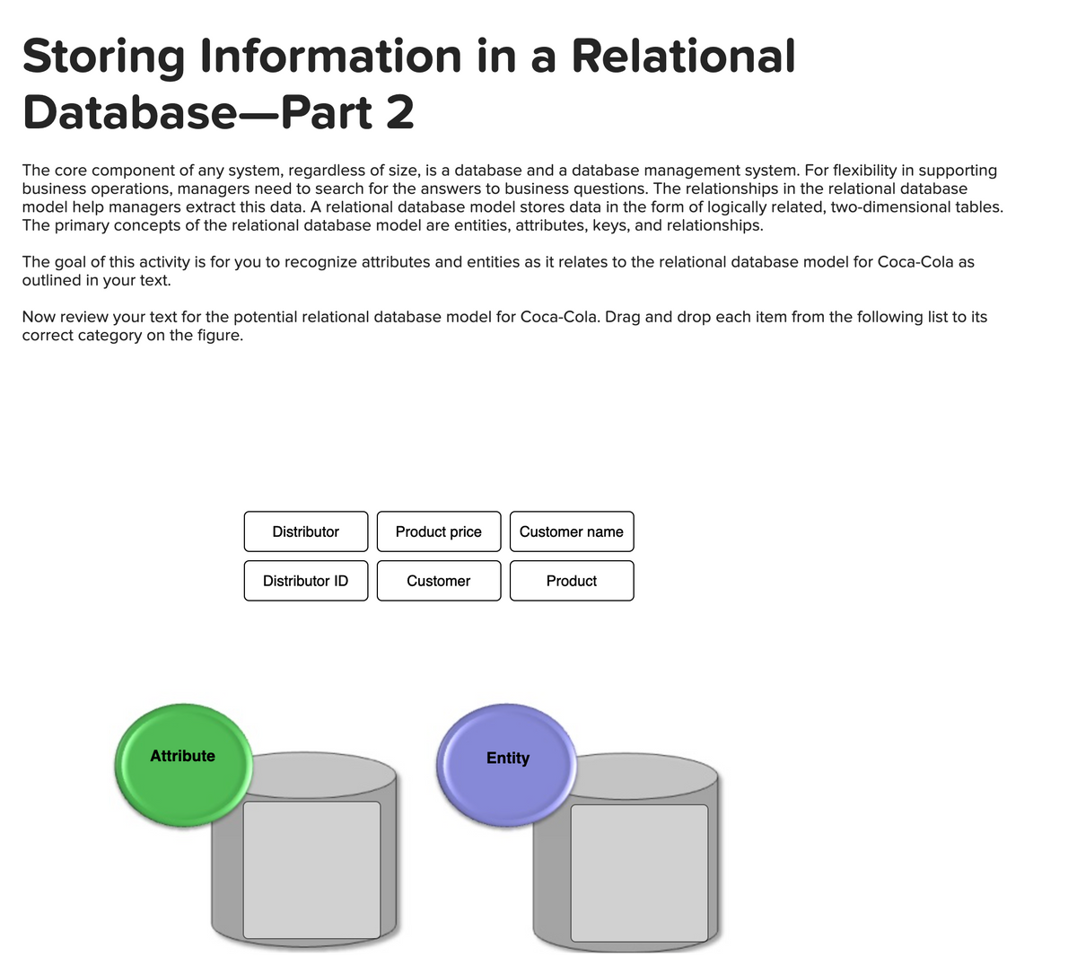 Storing Information in a Relational
Database-Part 2
The core component of any system, regardless of size, is a database and a database management system. For flexibility in supporting
business operations, managers need to search for the answers to business questions. The relationships in the relational database
model help managers extract this data. A relational database model stores data in the form of logically related, two-dimensional tables.
The primary concepts of the relational database model are entities, attributes, keys, and relationships.
The goal of this activity is for you to recognize attributes and entities as it relates to the relational database model for Coca-Cola as
outlined in your text.
Now review your text for the potential relational database model for Coca-Cola. Drag and drop each item from the following list to its
correct category on the figure.
Distributor
Product price
Customer name
Distributor ID
Customer
Product
Attribute
Entity

