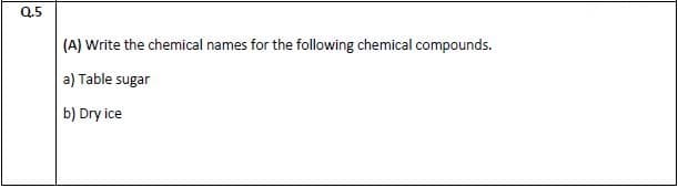 (A) Write the chemical names for the following chemical compounds.
a) Table sugar
b) Dry ice
