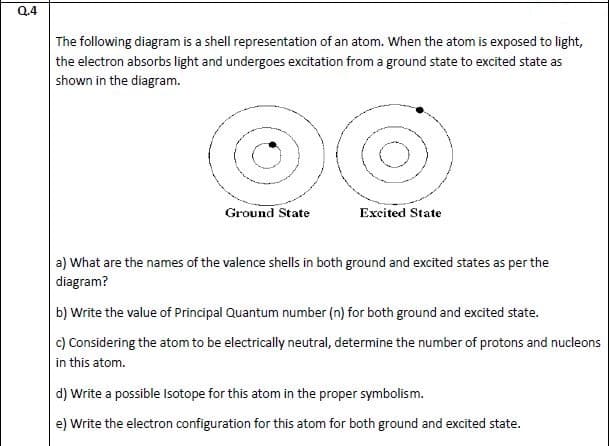 a what are the names of the valence shells in both ground and excited states as per the
diagram?
b) Write the value of Principal Quantum number (n) for both ground and excited state.
c) Considering the atom to be electrically neutral, determine the number of protons and nucleons
in this atom.
d) Write a possible Isotope for this atom in the proper symbolism.
e) Write the electron configuration for this atom for both ground and excited state.
