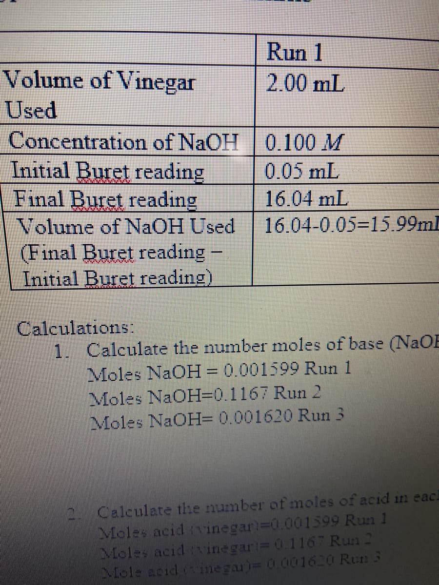 Run 1
Volume of Vinegar
Used
Concentration of NaOH
Initial Buret reading
Final Buret reading
Volume of NAOH Used
(Final Buret reading-
Initial Buret reading)
2.00 mL
0.100 M
0.05 mL
16.04 mL
16.04-0.05-15.99ml
Calculations:
1. Calculate the number moles of base (NAOE
Moles NaOH= 0.001599 Run 1
Moles NaOH=0.1167 Run 2
Moles NaOH= 0.001620 Run 3
2. Calculate the number of moles of acid in each
Moles acid (vinegar-0.001599 Run 1
Moles acid v inegari= 0.1167 Run 2
Mole acid (inegar)= 0 001620 Run 3
