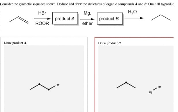 Consider the synthetic sequence shown. Deduce and draw the structures of organic compounds A and B. Omit all byproduc
HBr
Mg,
H₂O
ROOR
ether
Draw product A.
product A
product B
Draw product B.
Mg