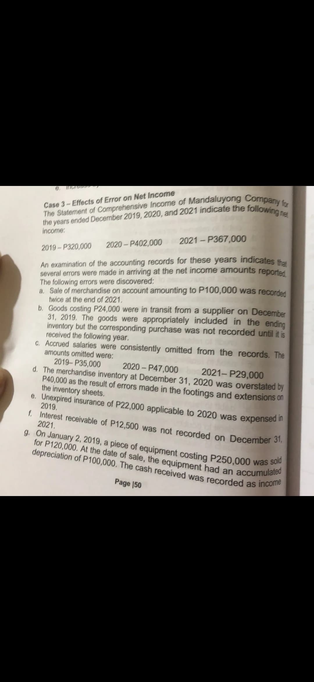 the years ended December 2019, 2020, and 2021 indicate the following net
g. On January 2, 2019, a piece of equipment costing P250,000 was sold
for P120,000. At the date of sale, the equipment had an accumulated
depreciation of P100,000. The cash received was recorded as income
Case 3-Effects of Error on Net Income
income:
2021 - P367,000
2020-P402,000
2019-P320,000
An examination of the accounting records for these years indicates thet
several errors were made in arriving at the net income amounts reported
The following errors were discovered:
a. Sale of merchandise on account amounting to P100,000 was recorded
twice at the end of 2021,
b. Goods costing P24,000 were in transit from a supplier on December
31, 2019. The goods were appropriately included in the ending
inventory but the corresponding purchase was not recorded until it is
received the following year.
C. Accrued salaries were consistently omitted from the records. The
amounts omitted were:
2019-P35,000
2020 - P47,000
2021- P29,000
d. The merchandise inventory at December 31, 2020 was overstated by
P40,000 as the result of errors made in the footings and extensions on
the inventory sheets.
e. Unexpired insurance of P22,000 applicable to 2020 was expensed in
2019.
f. Interest receivable of P12,500 was not recorded on December 31.
2021.
Page 150
