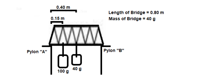 0.40 m
Length of Bridge = 0.80 m
Mass of Bridge = 40 g
0.15 m
Pylon "A"
Pylon "B"
40 g
100 g
