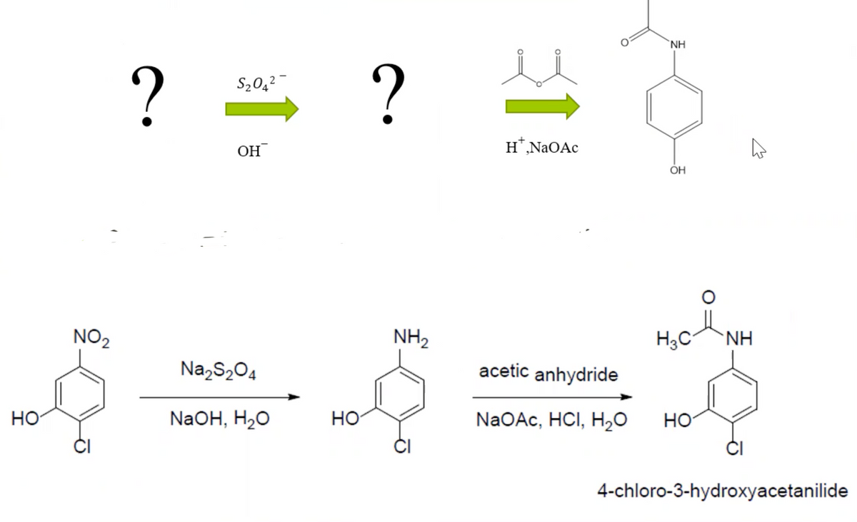 NH
?
?
S20,2
OH
H,NaOAc
OH
NO2
NH2
H3C
NH
Na,S204
acetic anhydride
HO
NaOH, H2O
но
NaOAc, HCI, Hо
но
ČI
4-chloro-3-hydroxyacetanilide
