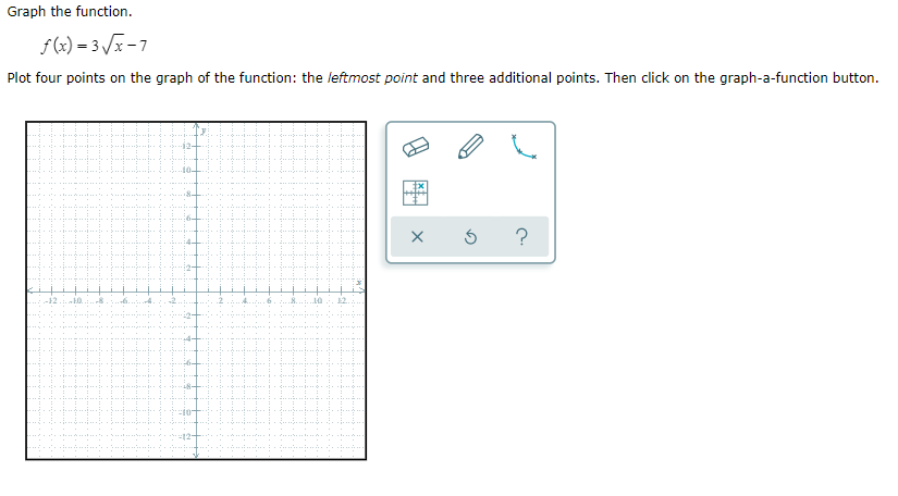 Graph the function.
f(x) = 3 J-7
Plot four points on the graph of the function: the leftmost point and three additional points. Then click on the graph-a-function button.
