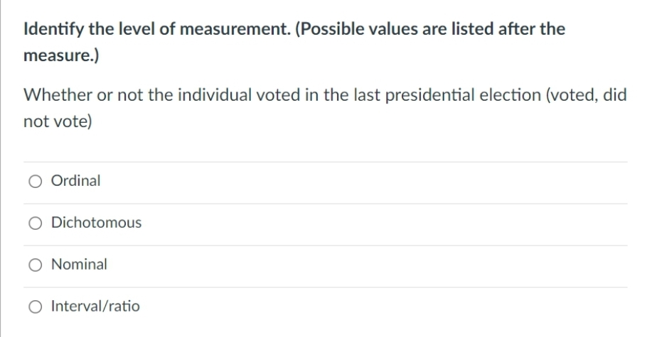 Identify the level of measurement. (Possible values are listed after the
measure.)
Whether or not the individual voted in the last presidential election (voted, did
not vote)
O Ordinal
O Dichotomous
O Nominal
Interval/ratio
