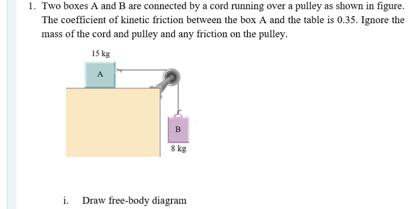1. Two boxes A and B are connected by a cord running over a pulley as shown in figure.
The coefficient of kinetic friction between the box A and the table is 0.35. Ignore the
mass of the cord and pulley and any friction on the pulley.
15 kg
A
B
8 kg
i. Draw free-body diagram
