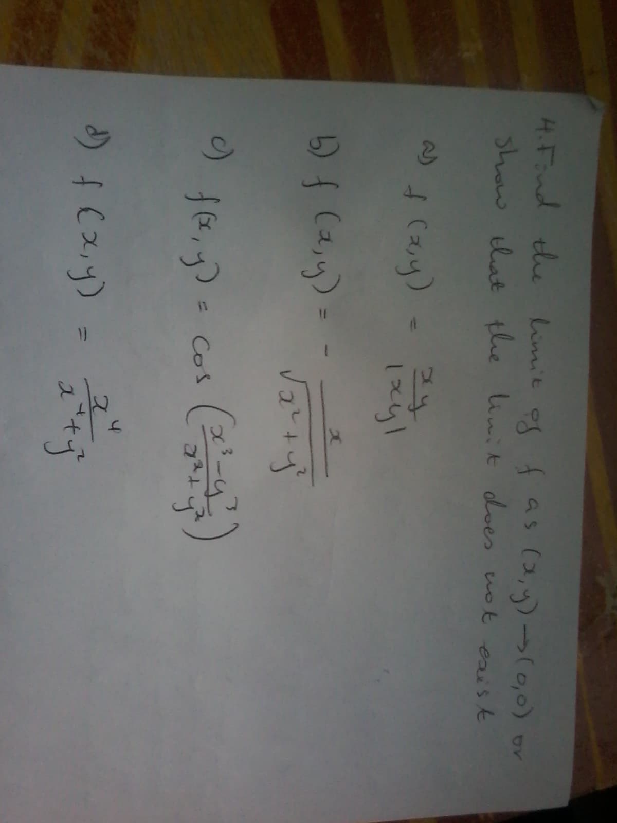 4.Fnd the Limit of fas
show hat the init does
(2)
6) f (a,y)=
)= Cos
