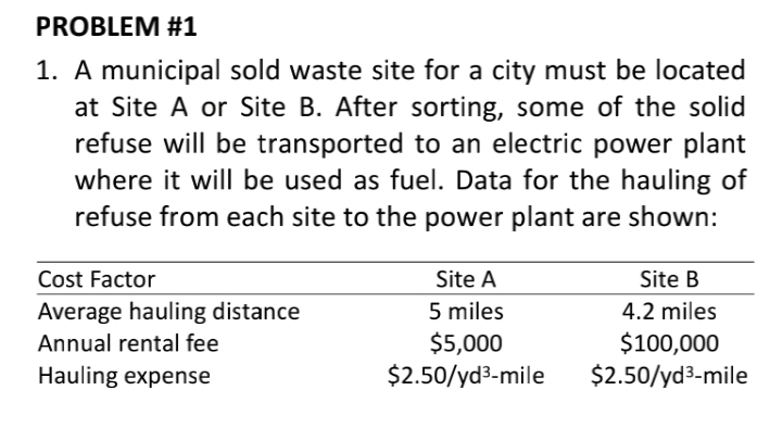 PROBLEM #1
1. A municipal sold waste site for a city must be located
at Site A or Site B. After sorting, some of the solid
refuse will be transported to an electric power plant
where it will be used as fuel. Data for the hauling of
refuse from each site to the power plant are shown:
Cost Factor
Site A
Site B
5 miles
$5,000
$2.50/yd3-mile
Average hauling distance
4.2 miles
$100,000
$2.50/yd3-mile
Annual rental fee
Hauling expense

