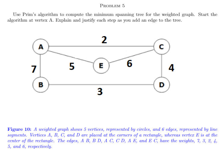 PROBLEM 5
Use Prim's algorithm to compute the minimum spanning tree for the weighted graph. Start the
algorithm at vertex A. Explain and justify each step as you add an edge to the tree.
2
A
5
E
6
4
7
в
D
3
Figure 10: A weighted graph shows 5 vertices, represented by circles, and 6 edges, represented by line
segments. Vertices A, B, C, and D are placed at the corners of a rectangle, whereas verter E is at the
center of the rectangle. The edges, A B, B D, A C, C D, A E, and E C, have the weights, 7, 3, 2, 4,
5, and 6, respectively.
