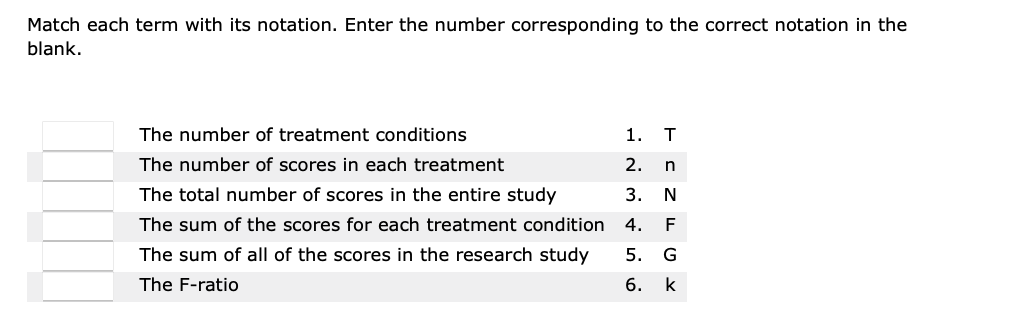 Match each term with its notation. Enter the number corresponding to the correct notation in the
blank.
The number of treatment conditions
The number of scores in each treatment
The total number of scores in the entire study
The sum of the scores for each treatment condition
The sum of all of the scores in the research study
The F-ratio
1. T
2. n
3. N
4. F
5. G
6. k