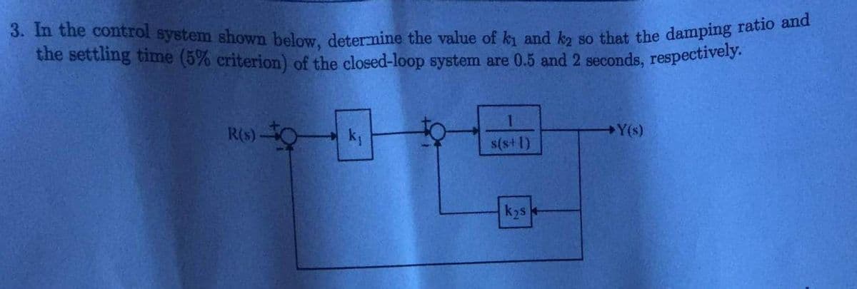 3. In the control system shown below, determine the value of ki and ką so that the damping ratio and
the settling time (5% criterion) of the closed-loop system are 0.5 and 2 seconds, respectively.
R(s)-
k₁
s(s+1)
k₂s
→Y(s)