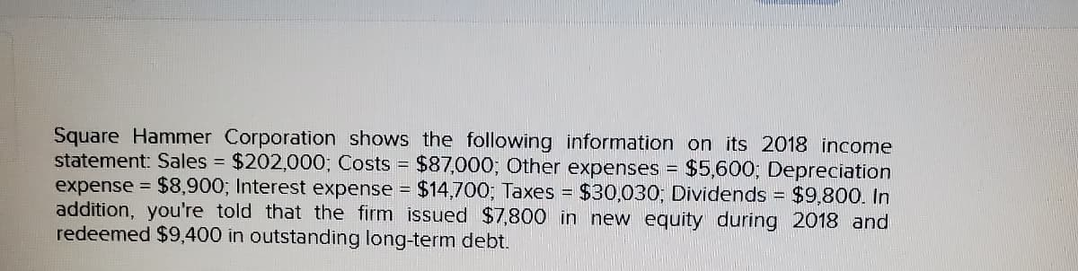 Square Hammer Corporation shows the following information on its 2018 income
statement: Sales = $202,000; Costs = $87,000; Other expenses = $5,600; Depreciation
expense = $8,900; Interest expense = $14,700; Taxes = $30,030; Dividends = $9,800. In
addition, you're told that the firm issued $7,800 in new equity during 2018 and
redeemed $9,400 in outstanding long-term debt.