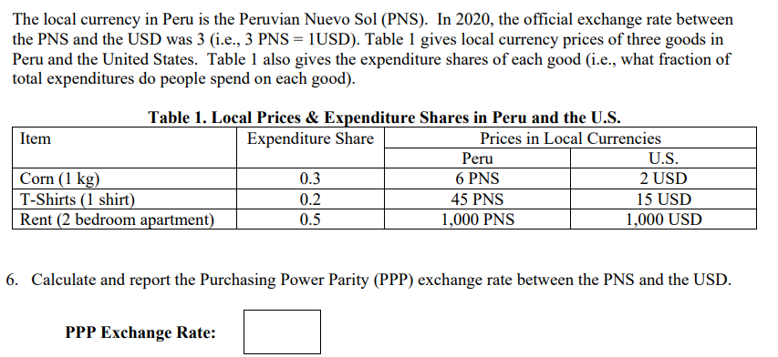 The local currency in Peru is the Peruvian Nuevo Sol (PNS). In 2020, the official exchange rate between
the PNS and the USD was 3 (i.e., 3 PNS = 1USD). Table 1 gives local currency prices of three goods in
Peru and the United States. Table 1 also gives the expenditure shares of each good (i.e., what fraction of
total expenditures do people spend on each good).
Table 1. Local Prices & Expenditure Shares in Peru and the U.S.
Prices in Local Currencies
Item
Expenditure Share
Peru
U.S.
Corn (1 kg)
T-Shirts (1 shirt)
Rent (2 bedroom apartment)
0.3
6 PNS
2 USD
0.2
45 PNS
15 USD
0.5
1,000 PNS
1,000 USD
6. Calculate and report the Purchasing Power Parity (PPP) exchange rate between the PNS and the USD.
PPP Exchange Rate:

