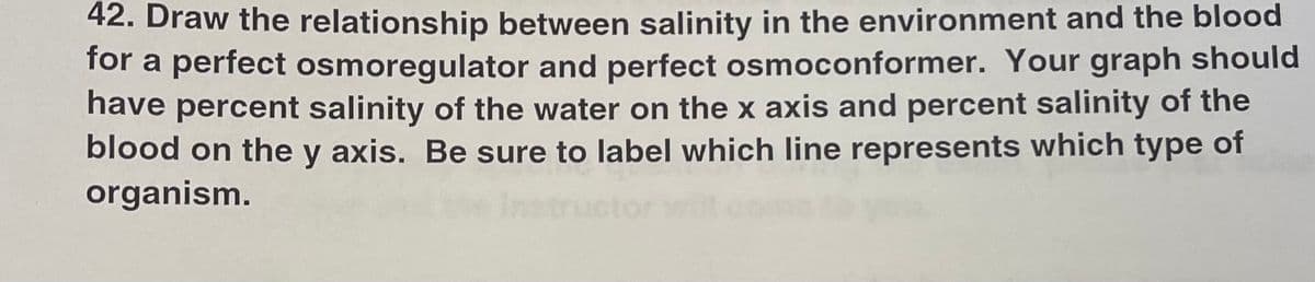 42. Draw the relationship between salinity in the environment and the blood
for a perfect osmoregulator and perfect osmoconformer. Your graph should
have percent salinity of the water on the x axis and percent salinity of the
blood on the y axis. Be sure to label which line represents which type of
organism.
