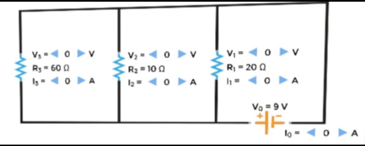 Vs =1 0 ►v
V - 1 0 v
V2 -10 v
R2 = 10 0
R3 = 60 0
R = 20 0
I3= 1 0 A
2= 1 0 ► A
h =
O A
Vo =9 V
lo = 1 0 ► A
