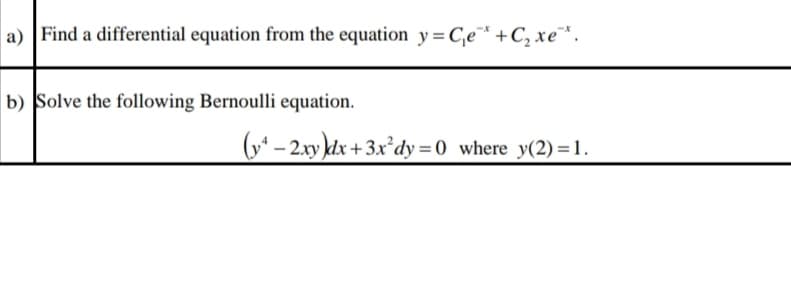 a) Find a differential equation from the equation y=C,e¨* +C, xe¨*.
b) Solve the following Bernoulli equation.
(* – 2.xy kdx + 3x°dy =0 where y(2)=1.
