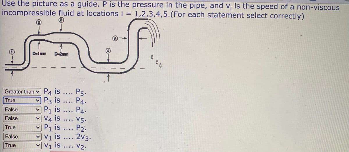 Use the picture as a guide. P is the pressure in the pipe, and v¡ is the speed of a non-viscous
|V4 is .... V5.
incompressible fluid at locations i = 1,2,3,4,5.(For each statement select correctly)
D-1mm
D-2mm
|
-
P4 is .... P5.
P3 is .... P4.
V P1 is .... P4.
V4 is
P1 is
Greater than
True
False
False
....
P2.
2V3.
True
....
False
V1 is
....
V1
is.... V2.
True
