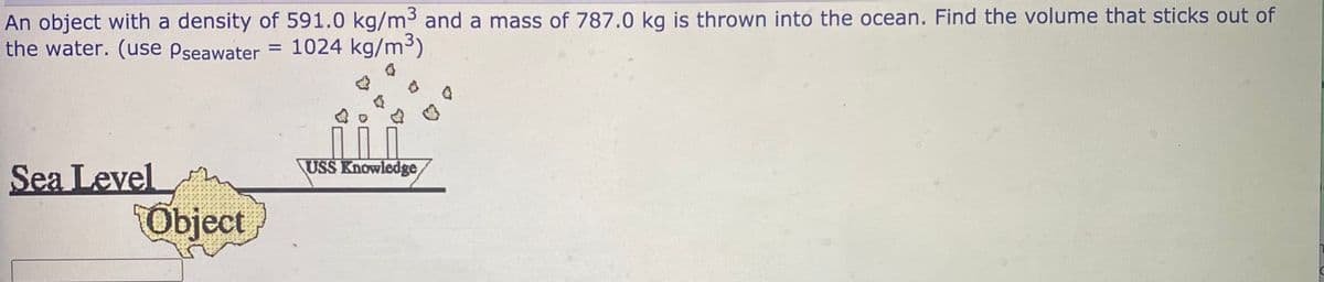 An object with a density of 591.0 kg/m3 and a mass of 787.0 kg is thrown into the ocean. Find the volume that sticks out of
the water. (use Pseawater =
1024 kg/m3)
USS Knowledge
Sea Level
Object
