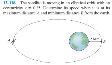 13-118. The satellite is moving in an elliptical orbit with an
eccentricity e = 0.25. Determine its speed when it is at its
maximum distance A and minimum distance B from the earth.
2 Mm
