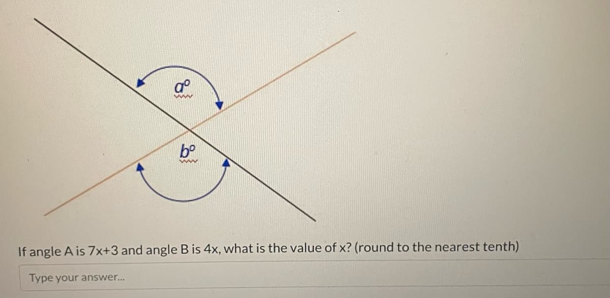 aº
ww
bº
www
If angle A is 7x+3 and angle B is 4x, what is the value of x? (round to the nearest tenth)
Type your answer...