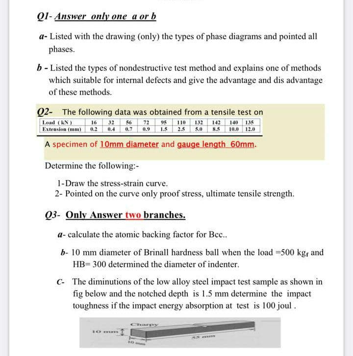 Q1- Answer only one a or b
a- Listed with the drawing (only) the types of phase diagrams and pointed all
phases.
b - Listed the types of nondestructive test method and explains one of methods
which suitable for internal defects and give the advantage and dis advantage
of these methods.
Q2- The following data was obtained from a tensile test on
Load (kN )
Extension (mm) 0.2
16 32
0.4
56
72
95
110
132
142
140
135
10.0 12.0
0.7
0.9
1.5
2.5
5.0
8.5
A specimen of 10mm diameter and gauge length 60mm.
Determine the following:-
1-Draw the stress-strain curve.
2- Pointed on the curve only proof stress, ultimate tensile strength.
Q3- Only Answer two branches.
a- calculate the atomic backing factor for Bec.
b- 10 mm diameter of Brinall hardness ball when the load 500 kgr and
HB= 300 determined the diameter of indenter.
C- The diminutions of the low alloy steel impact test sample as shown in
fig below and the notched depth is 1.5 mm determine the impact
toughness if the impact energy absorption at test is 100 joul .
Charpy
10 m m
10 mm
