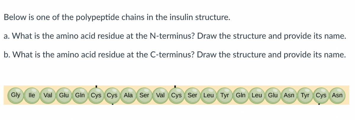 Below is one of the polypeptide chains in the insulin structure.
a. What is the amino acid residue at the N-terminus? Draw the structure and provide its name.
b. What is the amino acid residue at the C-terminus? Draw the structure and provide its name.
Gly lle
Val Glu Gln Cys Cys Ala Ser
Val Cys Ser Leu Tyr GIn Leu Glu Asn Tyr Cys Asn
