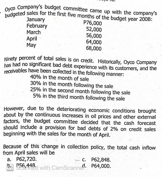 budgeted sales for the first five months of the budget year 200B:
Oyco Company's budget committee came up with the company's
January
February
March
P76,000
52,000
56,000
64,000
68,000
April
May
Ninety percent of total sales is on credit. Historically, Oyco Company
has had no significant bad debt experience with its customers, and the
receivables have been collected in the following manner:
40% in the month of sale
30% in the month following the sale
25% in the second month following the sale
5% in the third month following the sale
However, due to the deteriorating economic conditions brought
about by the continuous increases in oil prices and other external
factors, the budget committee decided that the cash forecast
should include a provision for bad debts of 2% on credit sales
beginning with the sales for the month of April."
Because of this change in collection policy, the total cash inflow
from April sales will be
а. Р62,720.
2s P56,448 with CamScannef: P64,000.
с. Р62,848.
