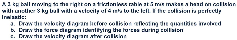 A 3 kg ball moving to the right on a frictionless table at 5 m/s makes a head on collision
with another 3 kg ball with a velocity of 4 m/s to the left. If the collision is perfectly
inelastic:
a. Draw the velocity diagram before collision reflecting the quantities involved
b. Draw the force diagram identifying the forces during collision
c. Draw the velocity diagram after collision
