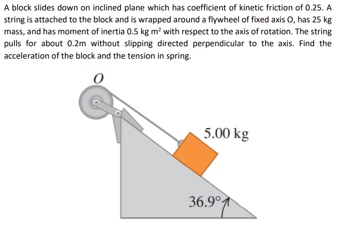 A block slides down on inclined plane which has coefficient of kinetic friction of 0.25. A
string is attached to the block and is wrapped around a flywheel of fixed axis O, has 25 kg
mass, and has moment of inertia 0.5 kg m² with respect to the axis of rotation. The string
pulls for about 0.2m without slipping directed perpendicular to the axis. Find the
acceleration of the block and the tension in spring.
5.00 kg
36.9°