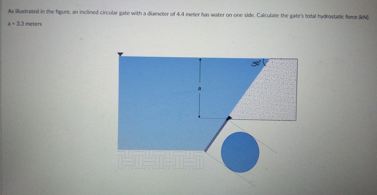As illustrated in the figure, an inclined circular gate with a diameter of 4.4 meter has water on one side. Calculate the gate's total hydrostatic force (kN).
a = 3.3 meters
30'
a
