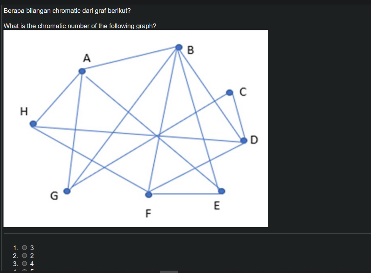 Berapa bilangan chromatic dari graf berikut?
What is the chromatic number of the following graph?
B
A
H
G
E
F
1. О З
2. O 2
3. O 4
