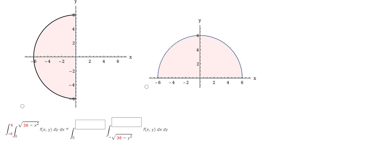 y
-4
-2
4
6
2
--
-4
-2
4
6
V 36 - x2
f(x, y) dy dx =
f(x, y) dx dy
