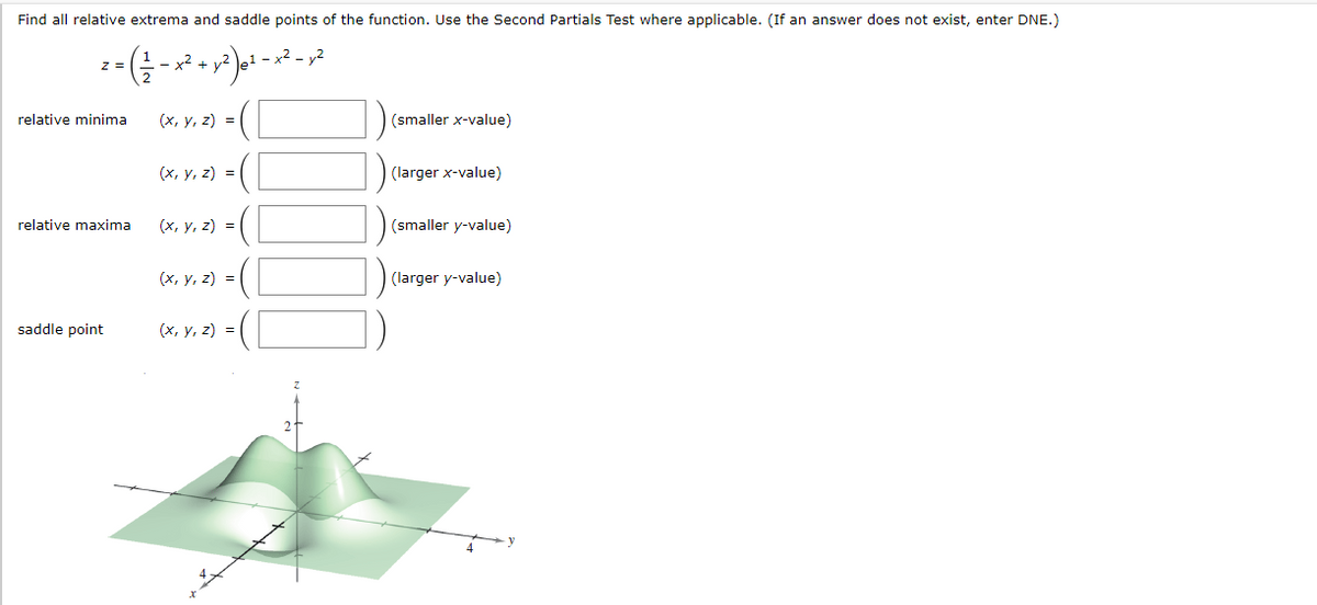 Find all relative extrema and saddle points of the function. Use the Second Partials Test where applicable. (If an answer does not exist, enter DNE.)
-x2 +
x2 - y2
z =
relative minima
(х, у, 2) %3
(smaller x-value)
(x, y, z) =
(larger x-value)
relative maxima
(x, y, z) =
(smaller y-value)
(х, у, 2) %3D
(larger y-value)
saddle point
(х, у, 2) %3D
