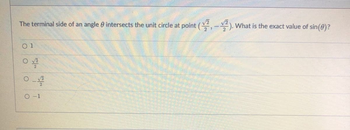 The terminal side of an angle 0 intersects the unit circle at point (,-) What is the exact value of sin(0)?
