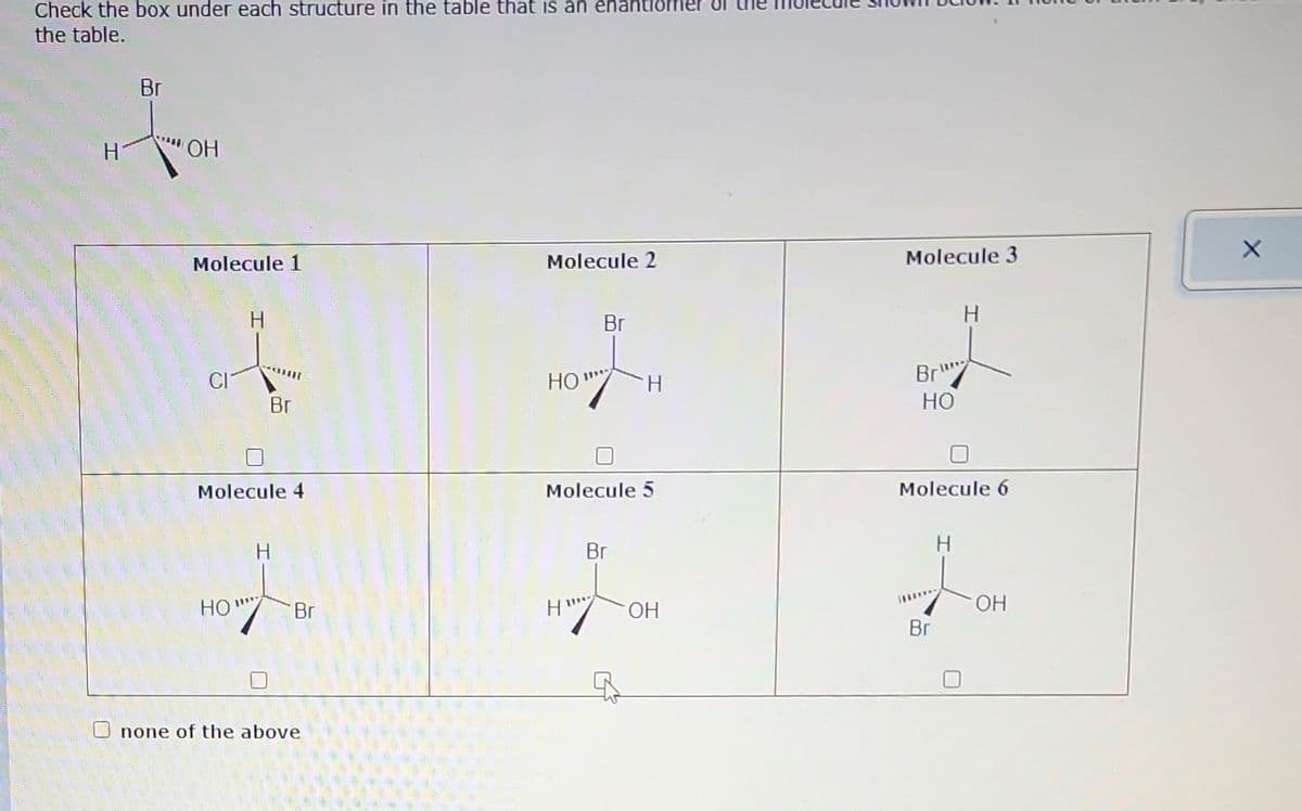 Check the box under each structure in the table that is an enantiol
the table.
H
Br
"OH
Molecule 1
H
HO"
Molecule 4
Br
11***
Br
none of the above
Molecule 2
Br
HO""
H"
Molecule 5
Br
H
#
OH
Molecule 3
Br
HO
Molecule 6
Br
H
H
0
OH
X