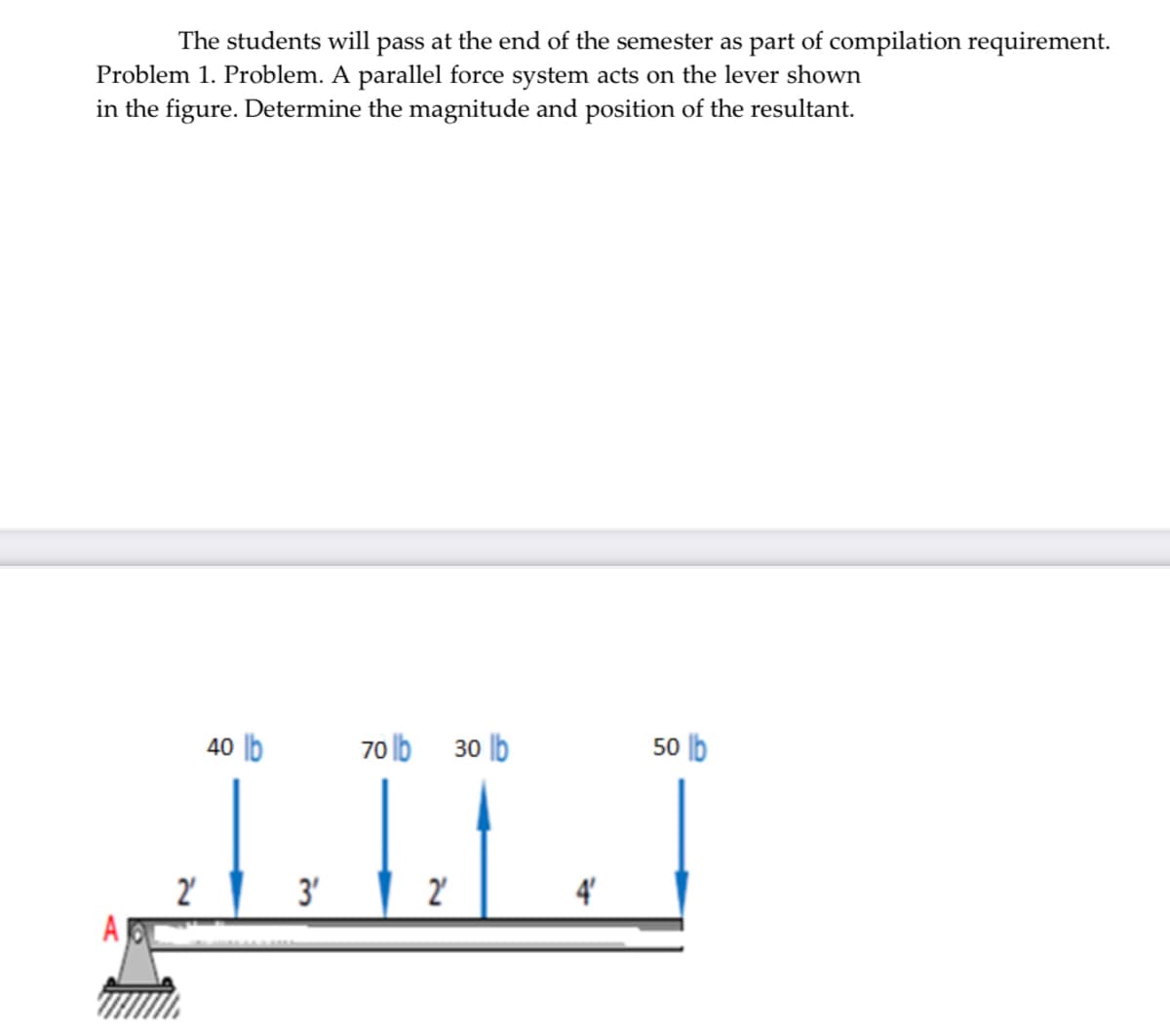 The students will pass at the end of the semester as part of compilation requirement.
Problem 1. Problem. A parallel force system acts on the lever shown
in the figure. Determine the magnitude and position of the resultant.
40 |b
70 lb
LLLI
30 b
50 lb
3'
2'
4
