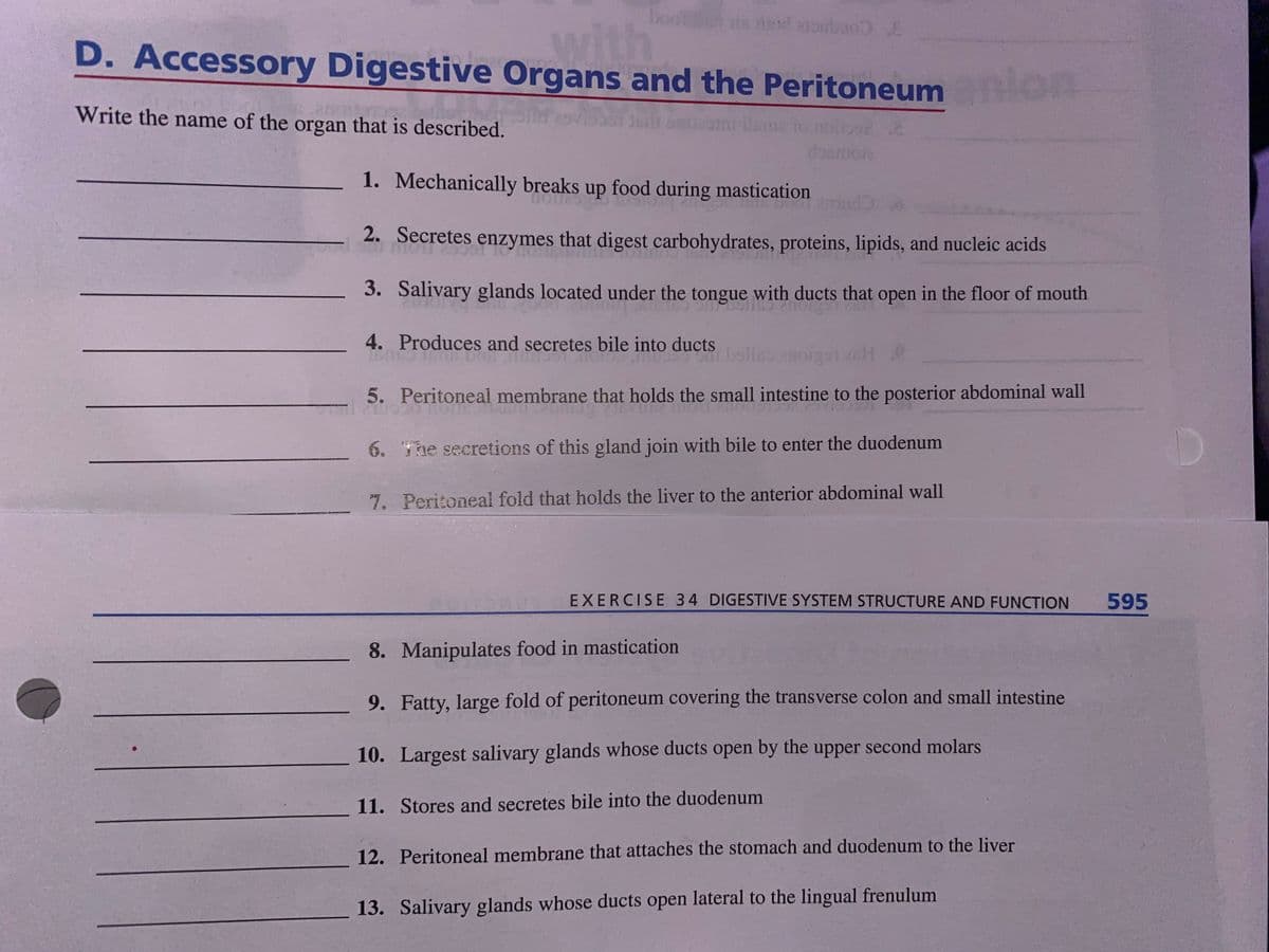 book is d aronbuo E
D. Accessory Digestive Organs and the Peritoneum ion
with
nle
Write the name of the organ that is described.
lema
doamole
1. Mechanically breaks up food during mastication
2. Secretes enzymes that digest carbohydrates, proteins, lipids, and nucleic acids
3. Salivary glands located under the tongue with ducts that open in the floor of mouth
4. Produces and secretes bile into ducts
bslleo auoiget 20H
5. Peritoneal membrane that holds the small intestine to the posterior abdominal wall
6. The secretions of this gland join with bile to enter the duodenum
7. Peritoneal fold that holds the liver to the anterior abdominal wall
EXERCISE 34 DIGESTIVE SYSTEM STRUCTURE AND FUNCTION
595
8. Manipulates food in mastication
9. Fatty, large fold of peritoneum covering the transverse colon and small intestine
10. Largest salivary glands whose ducts open by the upper second molars
11. Stores and secretes bile into the duodenum
12. Peritoneal membrane that attaches the stomach and duodenum to the liver
13. Salivary glands whose ducts open lateral to the lingual frenulum
