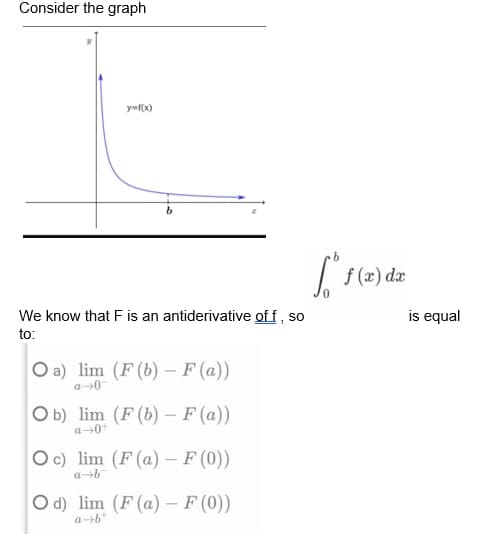 Consider the graph
y=f(x)
b
We know that F is an antiderivative of f, so
to:
O a) lim (F(b)- F(a))
a-0
Ob) lim (F (b) - F (a))
a 0+
Oc) lim (F (a) - F (0))
a-b
Od) lim (F (a) - F (0))
a-b
S.
f(x) dx
is equal