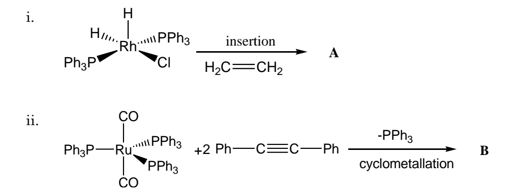 i.
H.
H..
PPH3
insertion
Rh
Ph3P
H2C=CH2
ii.
CO
\PPH3
-PPH3
Ph3P-Ru
+2 Ph-C=C-Ph
В
PPH3
cyclometallation
CO
