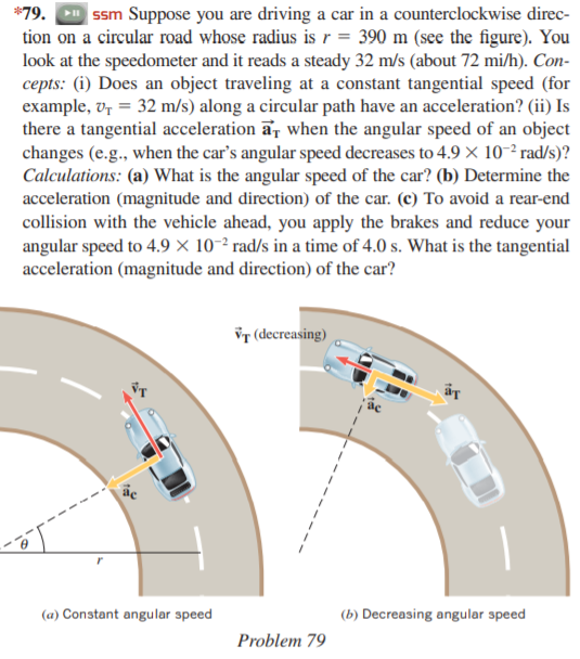 *79. ssm Suppose you are driving a car in a counterclockwise direc-
tion on a circular road whose radius is r = 390 m (see the figure). You
look at the speedometer and it reads a steady 32 m/s (about 72 mi/h). Con-
cepts: (i) Does an object traveling at a constant tangential speed (for
example, v, = 32 m/s) along a circular path have an acceleration? (ii) Is
there a tangential acceleration a, when the angular speed of an object
changes (e.g., when the car's angular speed decreases to 4.9 X 10-² rad/s)?
Calculations: (a) What is the angular speed of the car? (b) Determine the
acceleration (magnitude and direction) of the car. (c) To avoid a rear-end
collision with the vehicle ahead, you apply the brakes and reduce your
angular speed to 4.9 × 10-² rad/s in a time of 4.0 s. What is the tangential
acceleration (magnitude and direction) of the car?
'T (decreasing)
(a) Constant angular speed
(b) Decreasing angular speed
Problem 79
