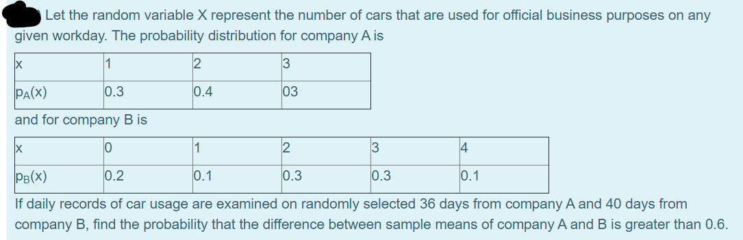 Let the random variable X represent the number of cars that are used for official business purposes on any
given workday. The probability distribution for company A is
1
2
3
PA(X)
0.3
0.4
03
and for company B is
1
3
PB(x)
0.2
0.1
0.3
0.3
0.1
If daily records of car usage are examined on randomly selected 36 days from company A and 40 days from
company B, find the probability that the difference between sample means of company A and B is greater than 0.6.
