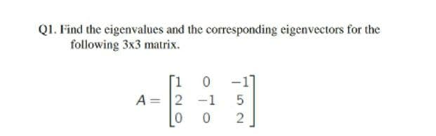 Q1. Find the eigenvalues and the corresponding eigenvectors for the
following 3x3 matrix.
[1
-1]
A = 2 -1
