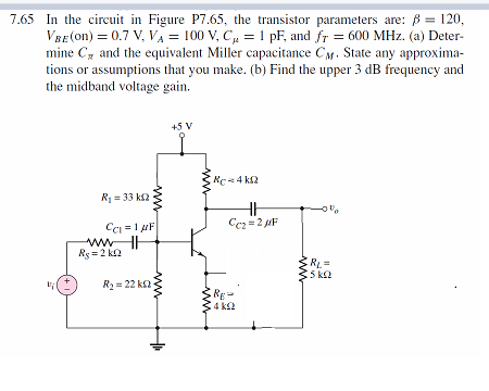 7.65 In the circuit in Figure P7.65, the transistor parameters are: B = 120,
VBE(on) = 0.7 V, VA = 100 V, C, = 1 pF, and fr = 600 MHz. (a) Deter-
mine C, and the equivalent Miller capacitance Cy. State any approxima-
tions or assumptions that you make. (b) Find the upper 3 dB frequency and
the midband voltage gain.
+5 V
Rc-4 k2
R= 33 k2
Ccz =2 AF
CCi =1 uF
wwwHE
Rg = 2 ka
35 k2
R2= 22 ka
4 ks2
ww
ww
ww

