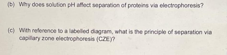 (b) Why does solution pH affect separation of proteins via electrophoresis?
(c) With reference to a labelled diagram, what is the principle of separation via
capillary zone electrophoresis (CZE)?