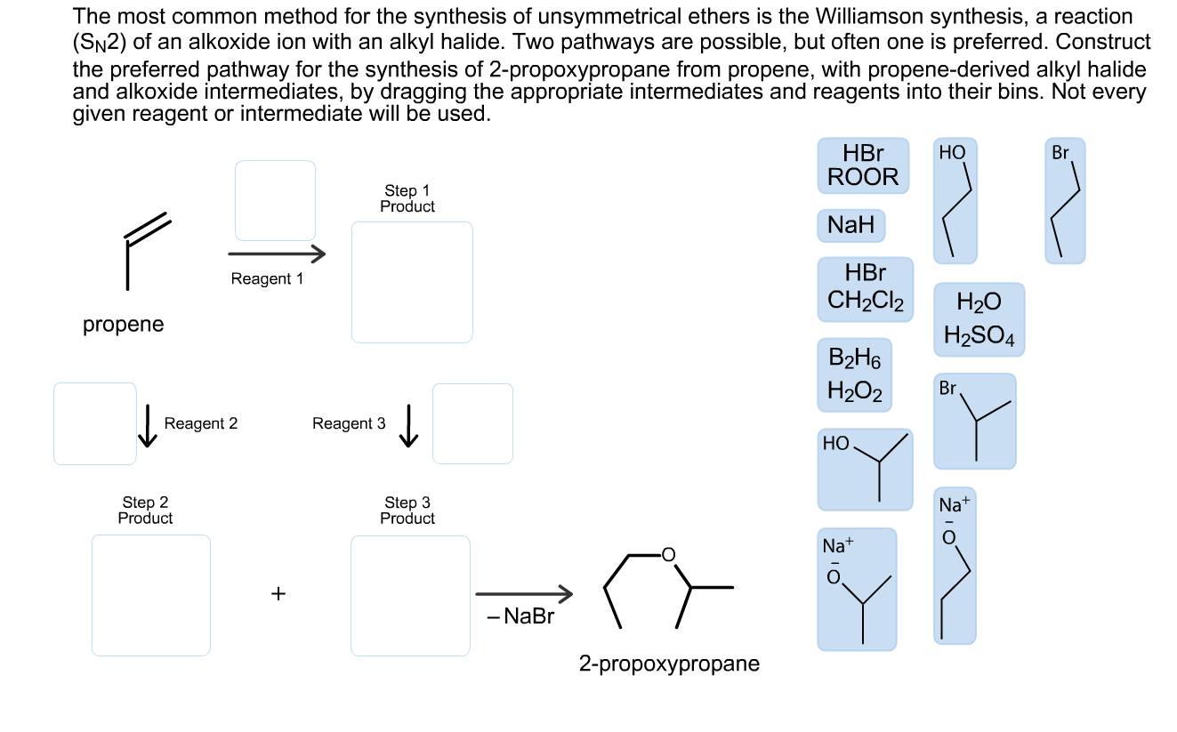 The most common method for the synthesis of unsymmetrical ethers is the Williamson synthesis, a reaction
(SN2) of an alkoxide ion with an alkyl halide. Two pathways are possible, but often one is preferred. Construct
the preferred pathway for the synthesis of 2-propoxypropane from propene, with propene-derived alkyl halide
and alkoxide intermediates, by dragging the appropriate intermediates and reagents into their bins. Not every
given reagent or intermediate will be used.
HBr
ROOR
Но
Br
Step 1
Product
NaH
HBr
Reagent 1
CH2CI2
H20
H2SO4
propene
B2H6
H2O2
Br
Reagent 2
Reagent 3
НО
Step 2
Product
Step 3
Product
Na+
Nat
- NaBr
2-propoxypropane
