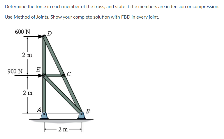 Determine the force in each member of the truss, and state if the members are in tension or compression.
Use Method of Joints. Show your complete solution with FBD in every joint.
600 N
D
2 m
900 N
E
C
2 m
A
B
2 m-
