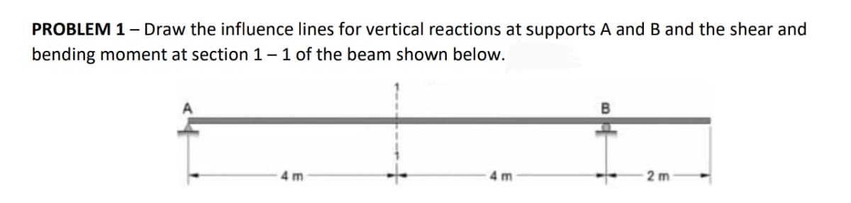 PROBLEM 1–- Draw the influence lines for vertical reactions at supports A and B and the shear and
bending moment at section 1 – 1 of the beam shown below.
4 m
4 m

