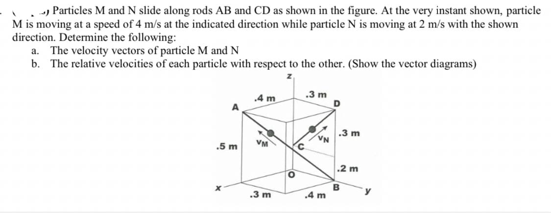 Particles M and N slide along rods AB and CD as shown in the figure. At the very instant shown, particle
M is moving at a speed of 4 m/s at the indicated direction while particle N is moving at 2 m/s with the shown
direction. Determine the following:
a. The velocity vectors of particle M and N
b. The relative velocities of each particle with respect to the other. (Show the vector diagrams)
Z
.3 m
.4 m
D
VM
.5 m
X
.3 m
C
VN
.4 m
.3 m
.2 m
B
y